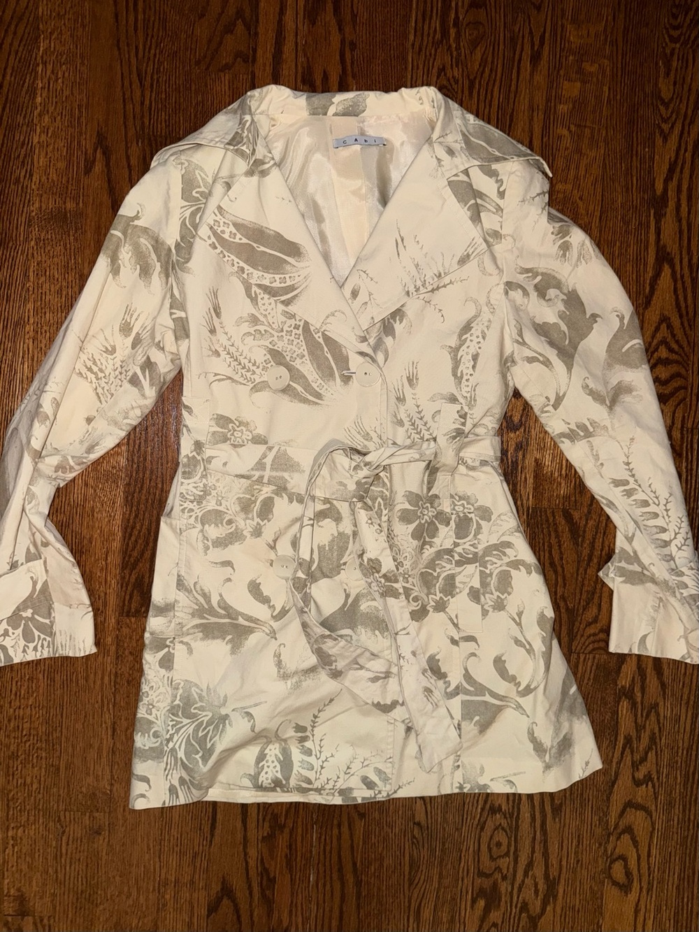 CAbi Ivory and Light Gray Floral Tie-Waist Jacket